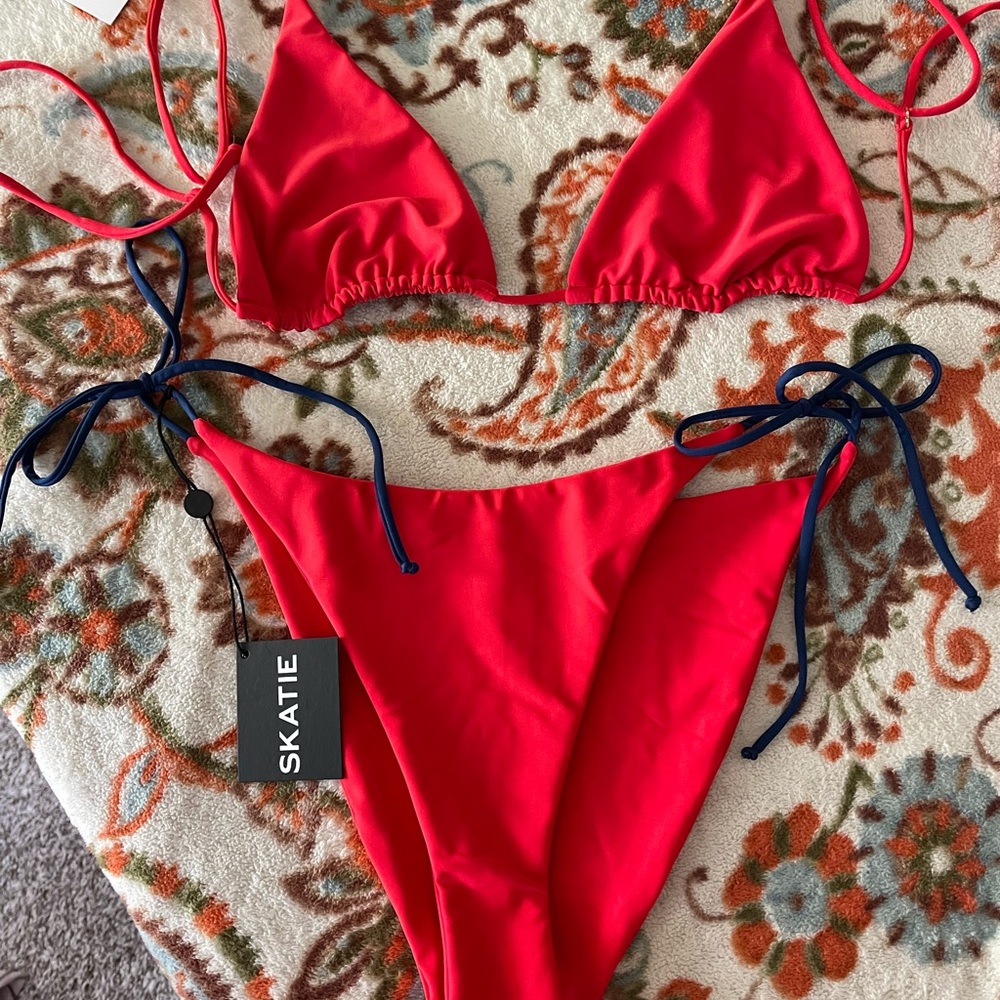 Skatie Bright Red Bikini with Navy Tie Straps